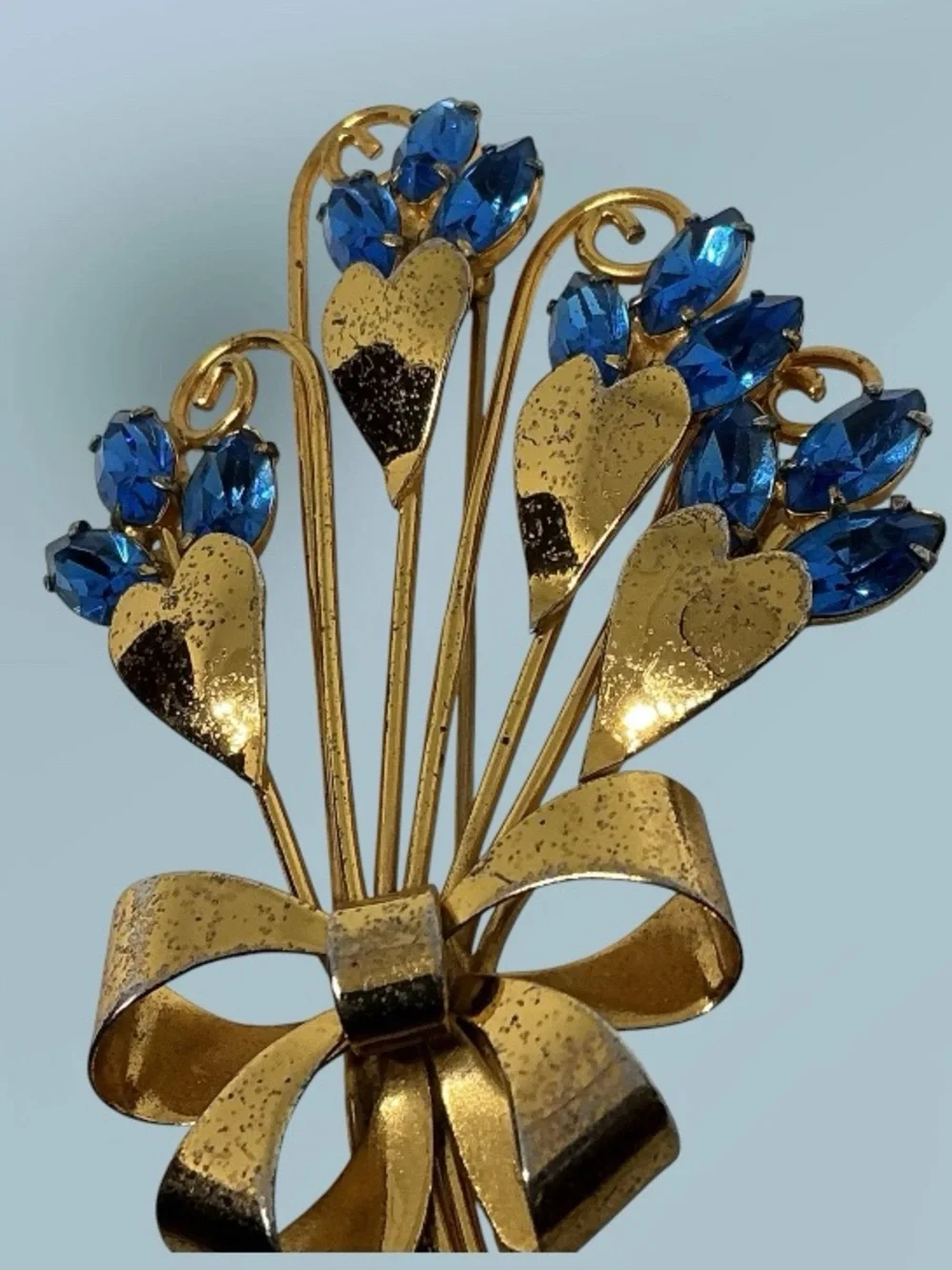 “Vintage Sterling Silver Vermeil Flower Bouquet Bow Brooch Blue Rhinestones